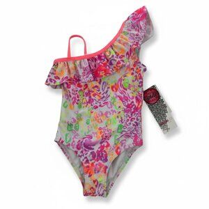 Kensie Girl Toddler Girls One-Shoulder Ruffle Swimsuit Neon Floral Print UPF 50